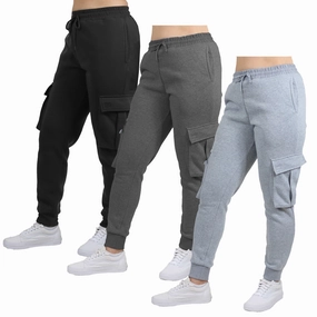 3-Pack Women's Loose Fit Fleece Jogger Sweatpants with Velcro Cargo Pockets (S-2XL) Comfortable Leg