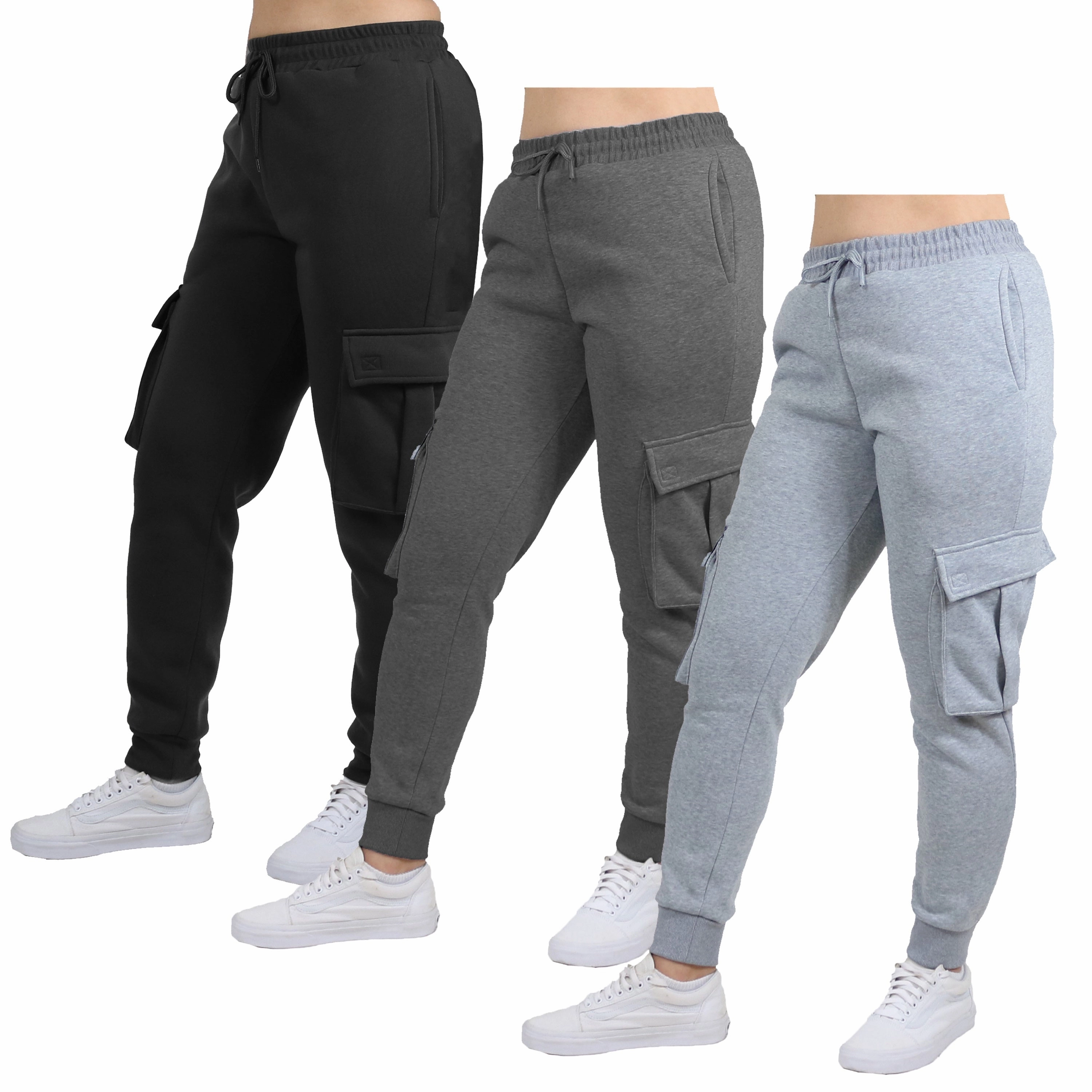 3-Pack Women's Loose Fit Fleece Jogger Sweatpants with Velcro Cargo Pockets (S-2XL) Pocket Reinforcement
