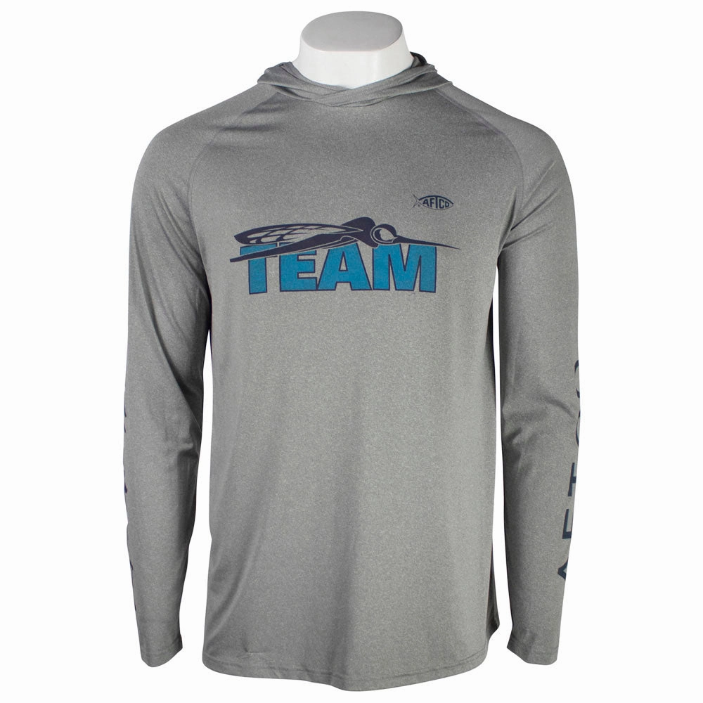 Flexible Shoulder Cut Flexible Cuff Design AFTCO Team Skeeter Steel Heather Samurai Hooded Long Sleeve