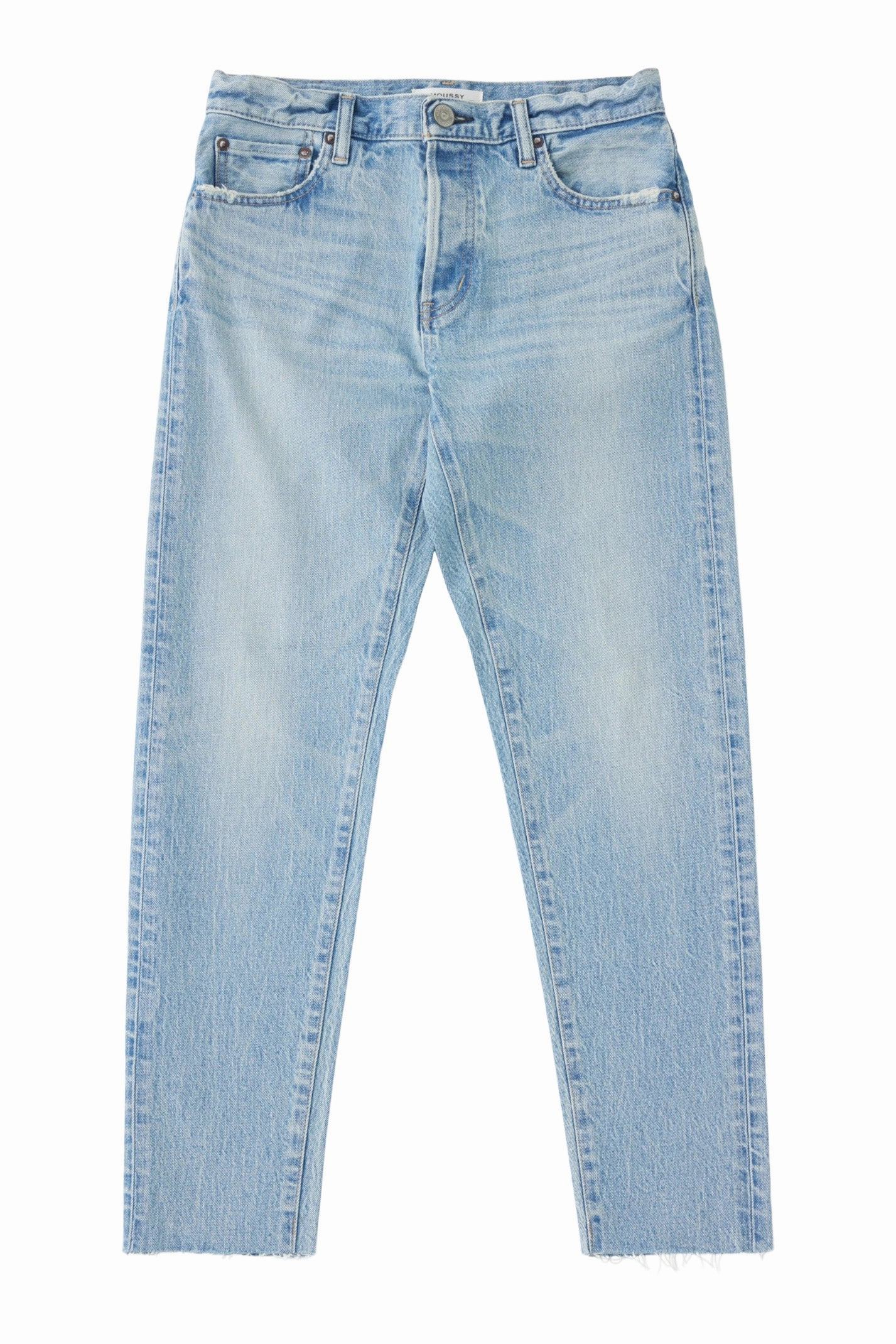 Double Stitched Seams Strong Stitch Moussy Denim Montura Tapered Jeans in Light Blue