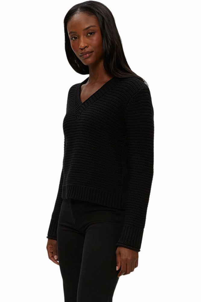 Stretchy Waistband Ergonomic Sleeve Shape Michael Stars Linda V-neck Pullover in Black