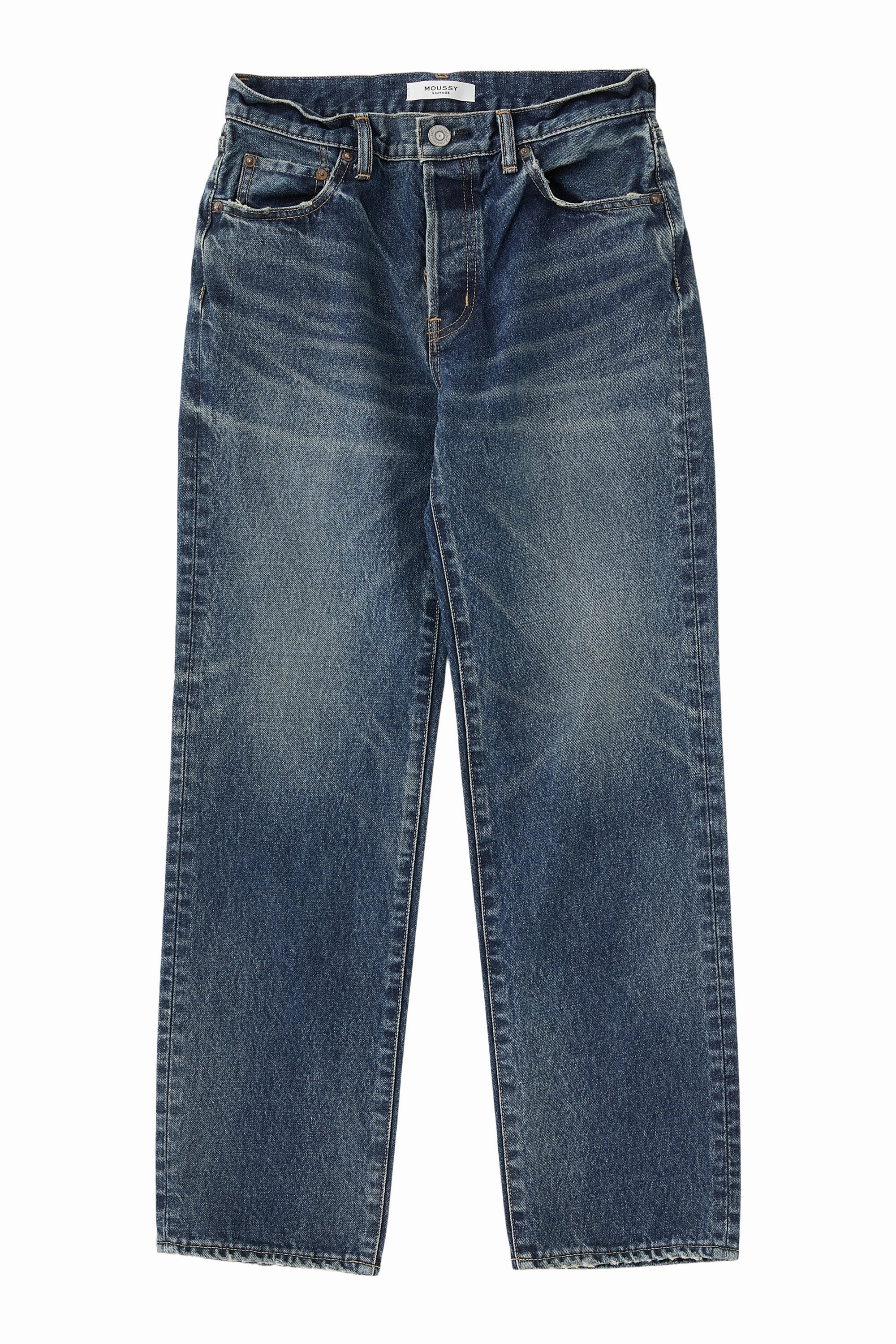 Crosshatch Stitching Moussy Denim Bardin Straight Jeans in Dark Blue