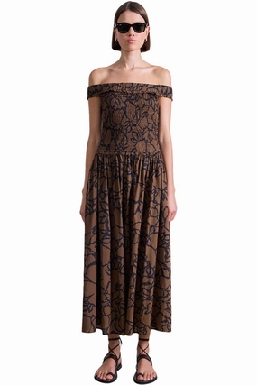 Petite Chic Apiece Apart Britt Off Shoulder Dress in Large Lace Floral Chocolate