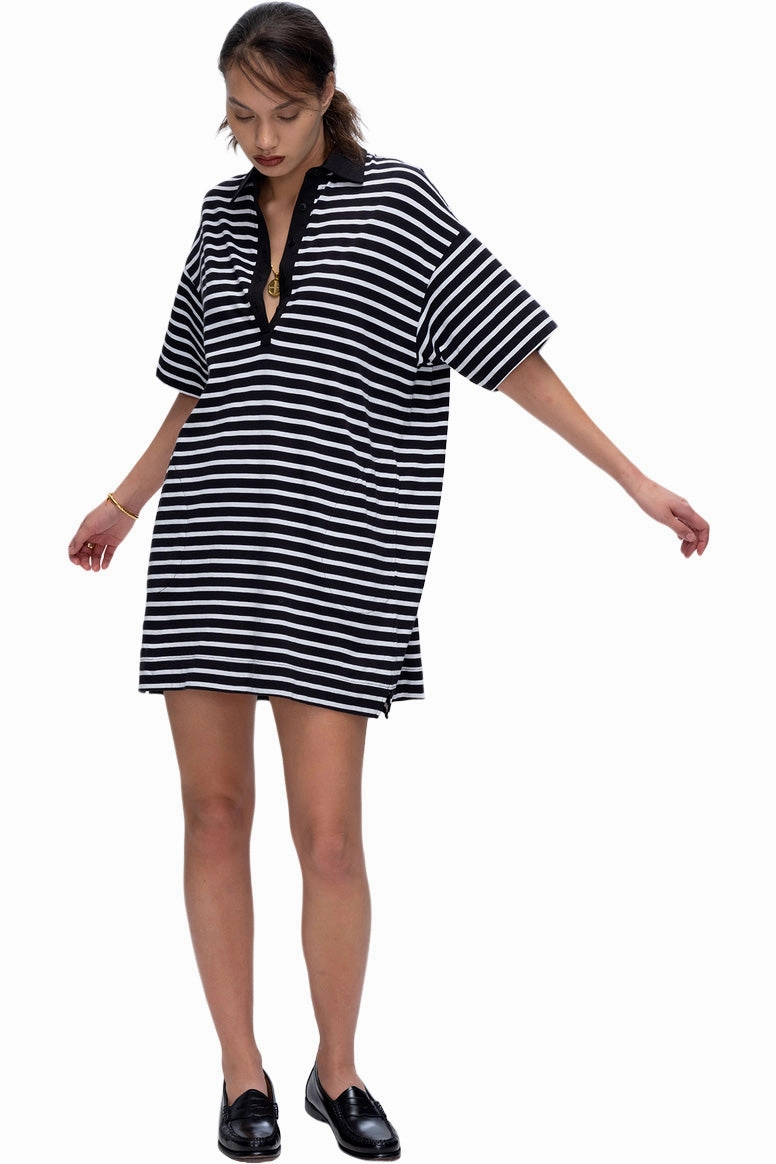 Skin Glow ATM Stripe Classic Jersey Short Sleeve Polo Dress in Black White