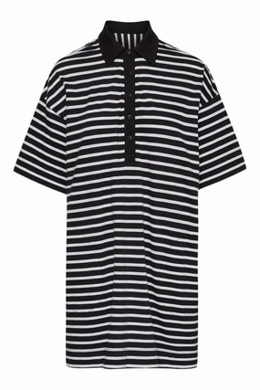 ATM Stripe Classic Jersey Short Sleeve Polo Dress in Black White Casual and Comfy