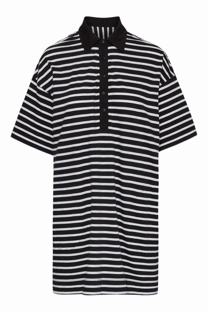 ATM Stripe Classic Jersey Short Sleeve Polo Dress in Black White Casual and Comfy