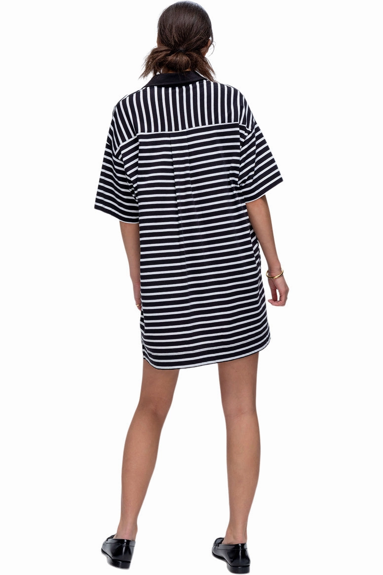 ATM Stripe Classic Jersey Short Sleeve Polo Dress in Black White button detail