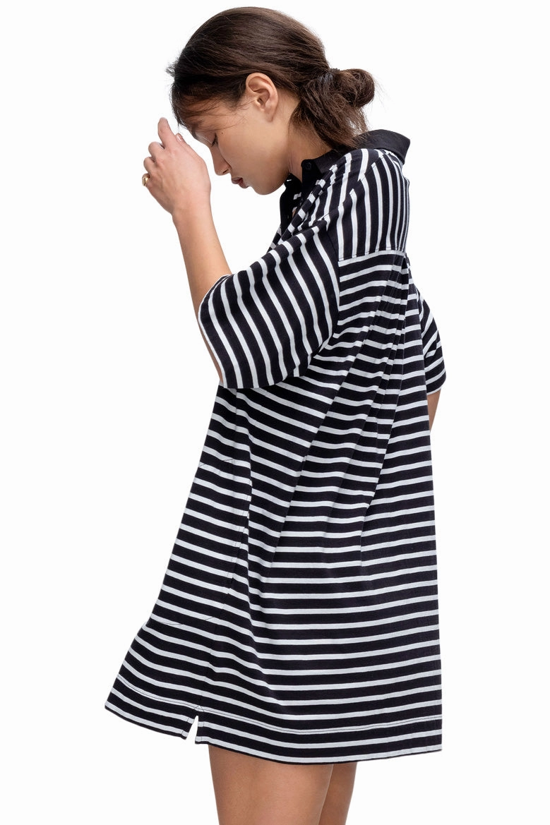 ATM Stripe Classic Jersey Short Sleeve Polo Dress in Black White Natural Layers Sleek Texture