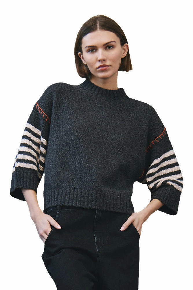 Drop Shoulder Design Autumn Cashmere Chunky Crew with Wide Stripe Sleeves