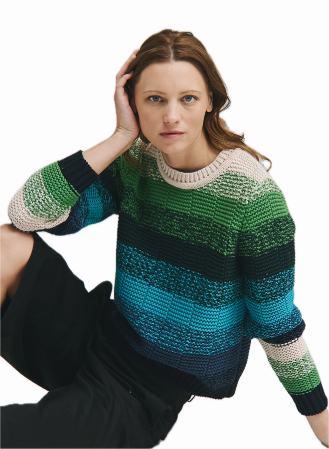 Autumn Cashmere Ombre Stripe Links Crew in Navy Cactus Combo Adaptive Fit Silhouette