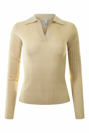 Cozy Knit Touch Autumn Cashmere Rib Jonny Collar Sweater in Latte