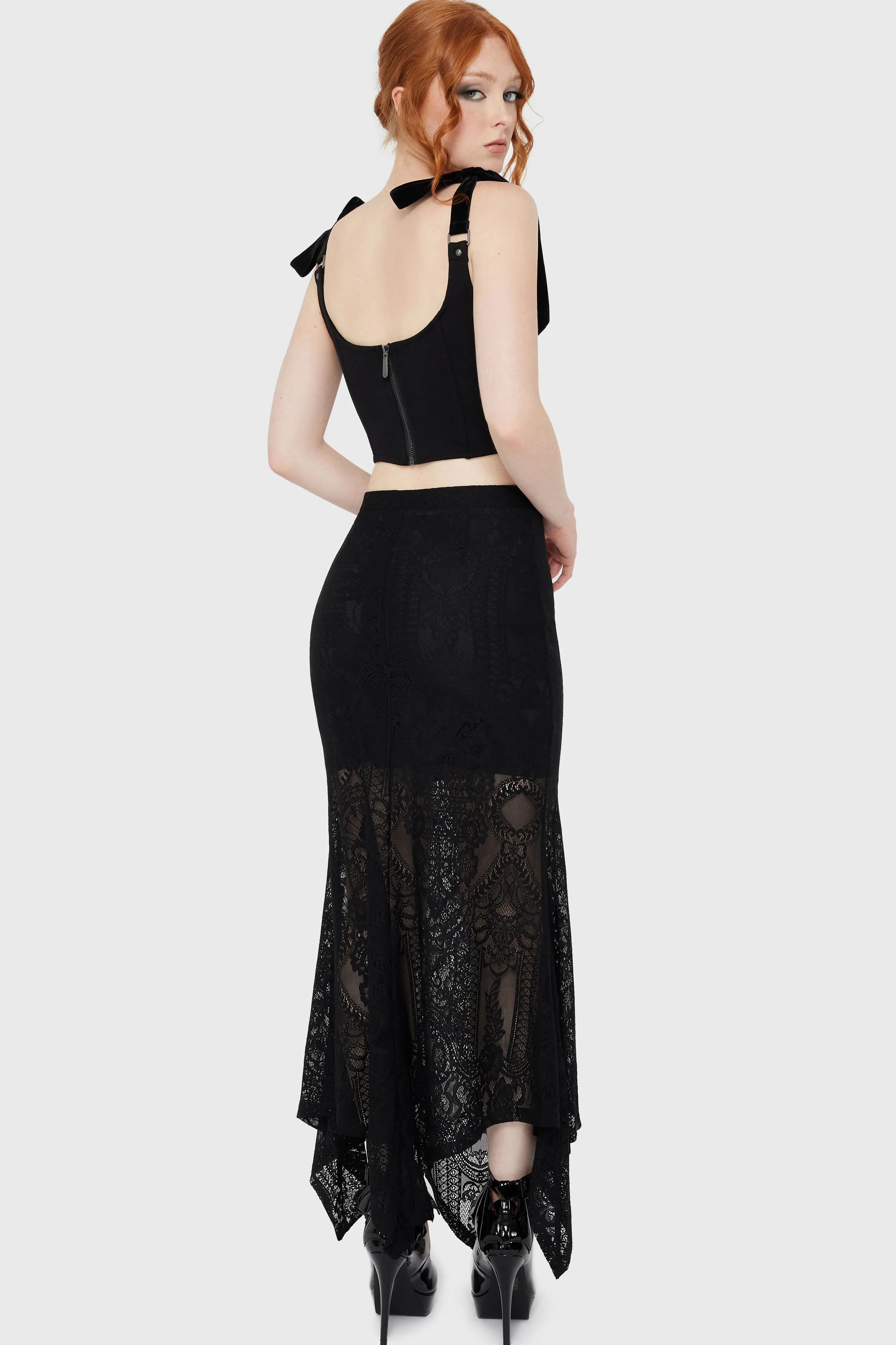 Belladonna Lace Maxi Skirt [Black] Raw Edge Detail Interlock Knit