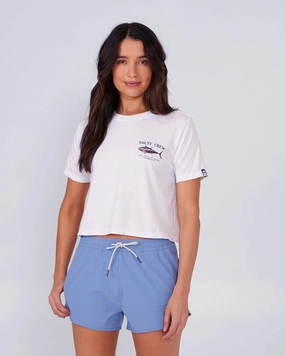 Soft Waistband Sleek And Stylish Big Blue Crop Tee - White