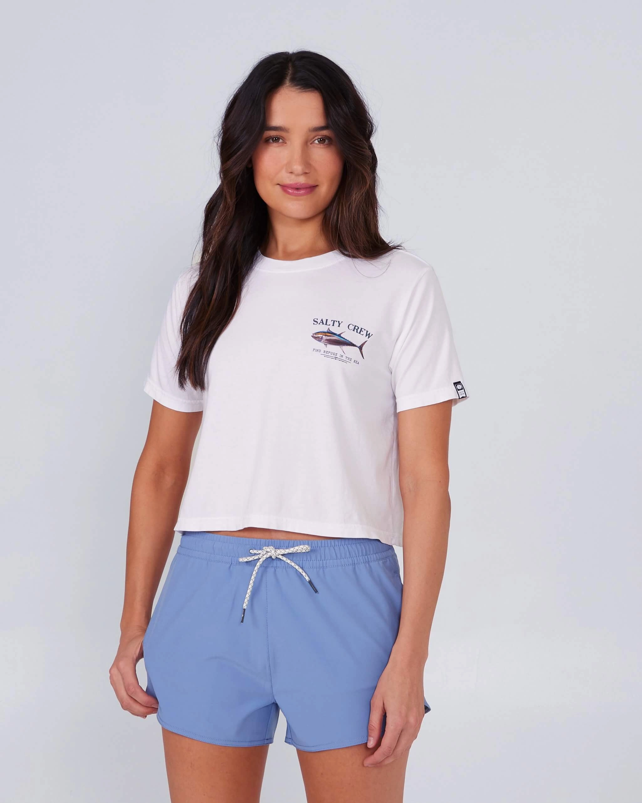 Soft Waistband Sleek And Stylish Big Blue Crop Tee - White