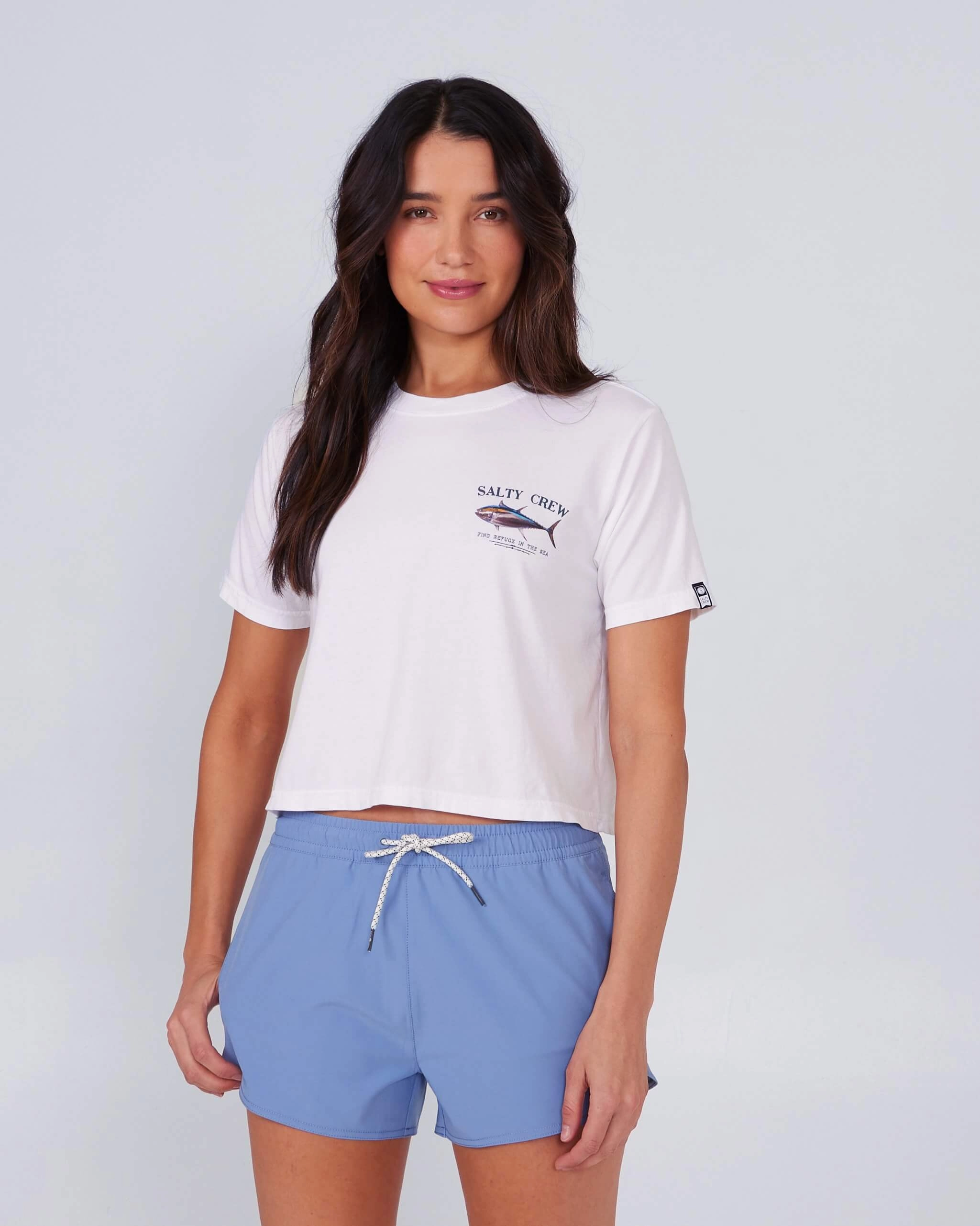 Breathable Design Wear Outdoor Leisure Look Big Blue Crop Tee - White