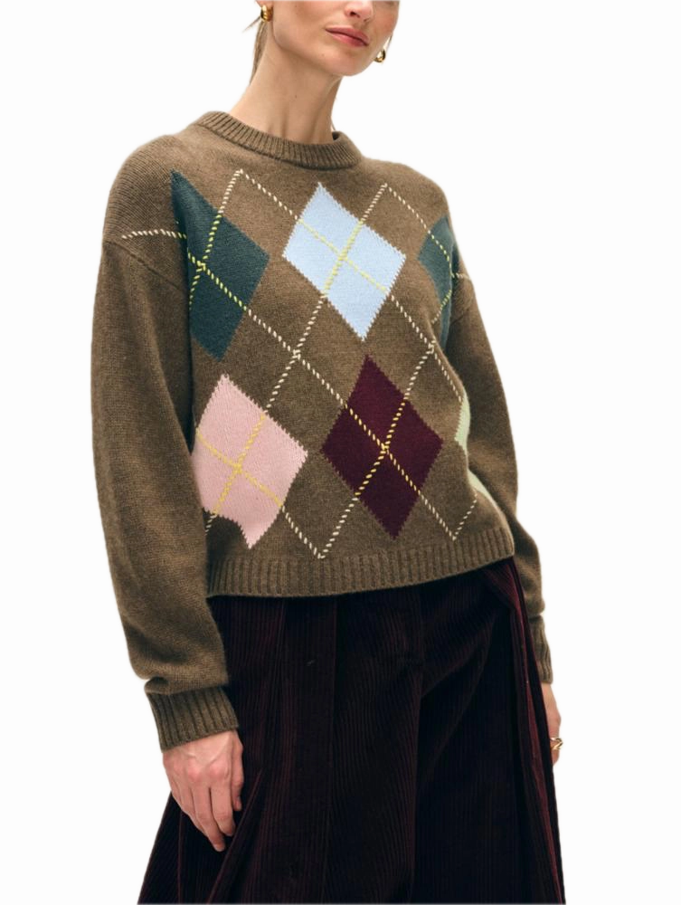 Winter Knitwear Compact Travel Design White & Warren Cashmere Argyle Crewneck Sweater