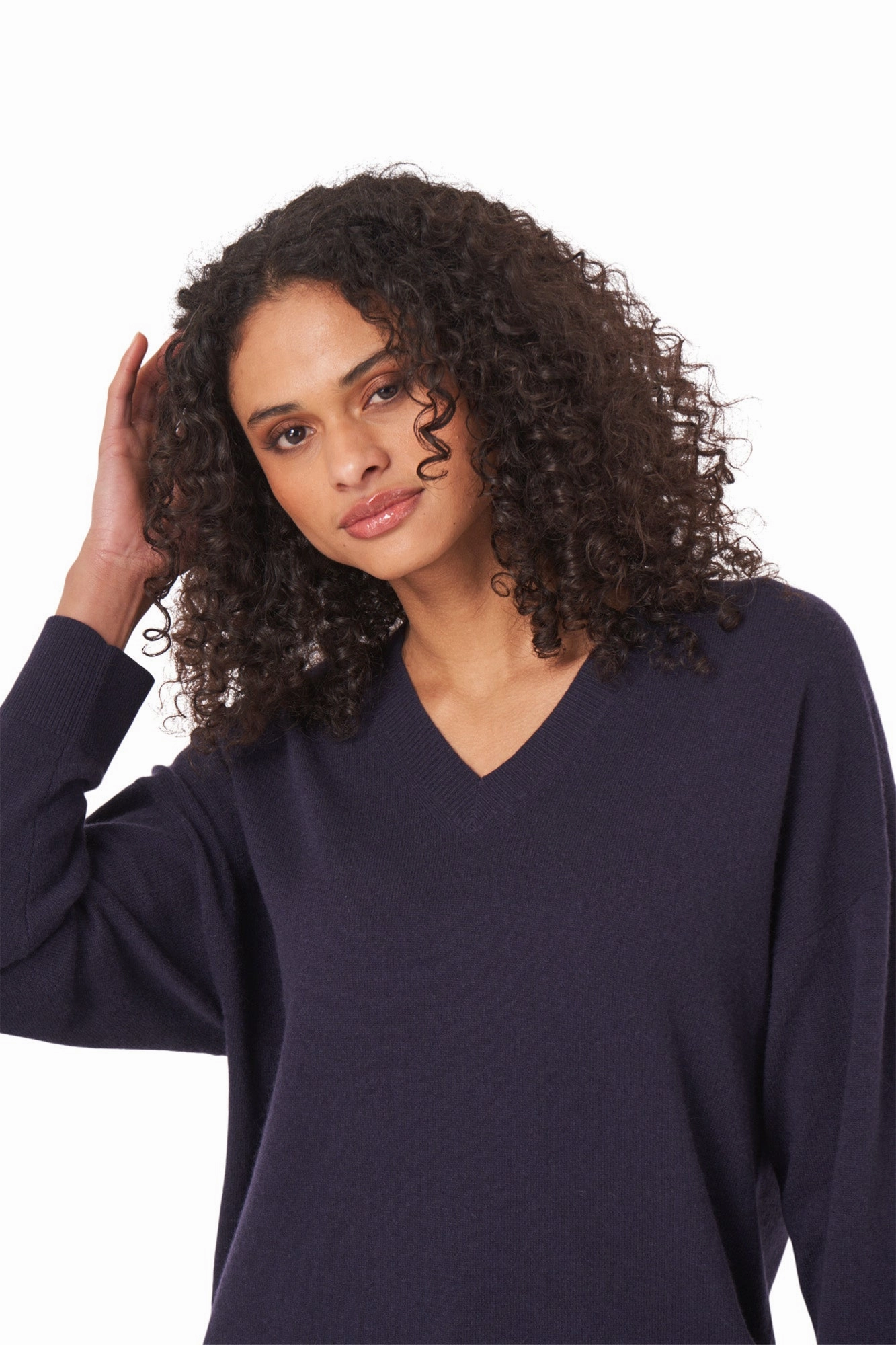 Repeat Cashmere Relaxed V-neck Sweater in Blackberry Breathable Open Weave Luxury Comfort