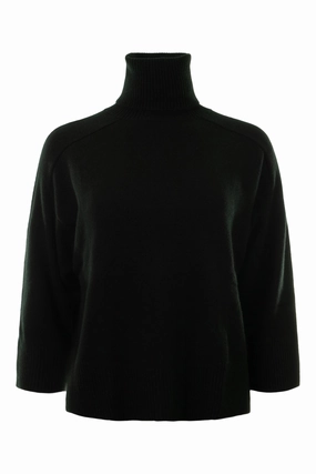 Cozy Chic Autumn Cashmere Boxy 3/4 Sleeve Turtleneck in Black