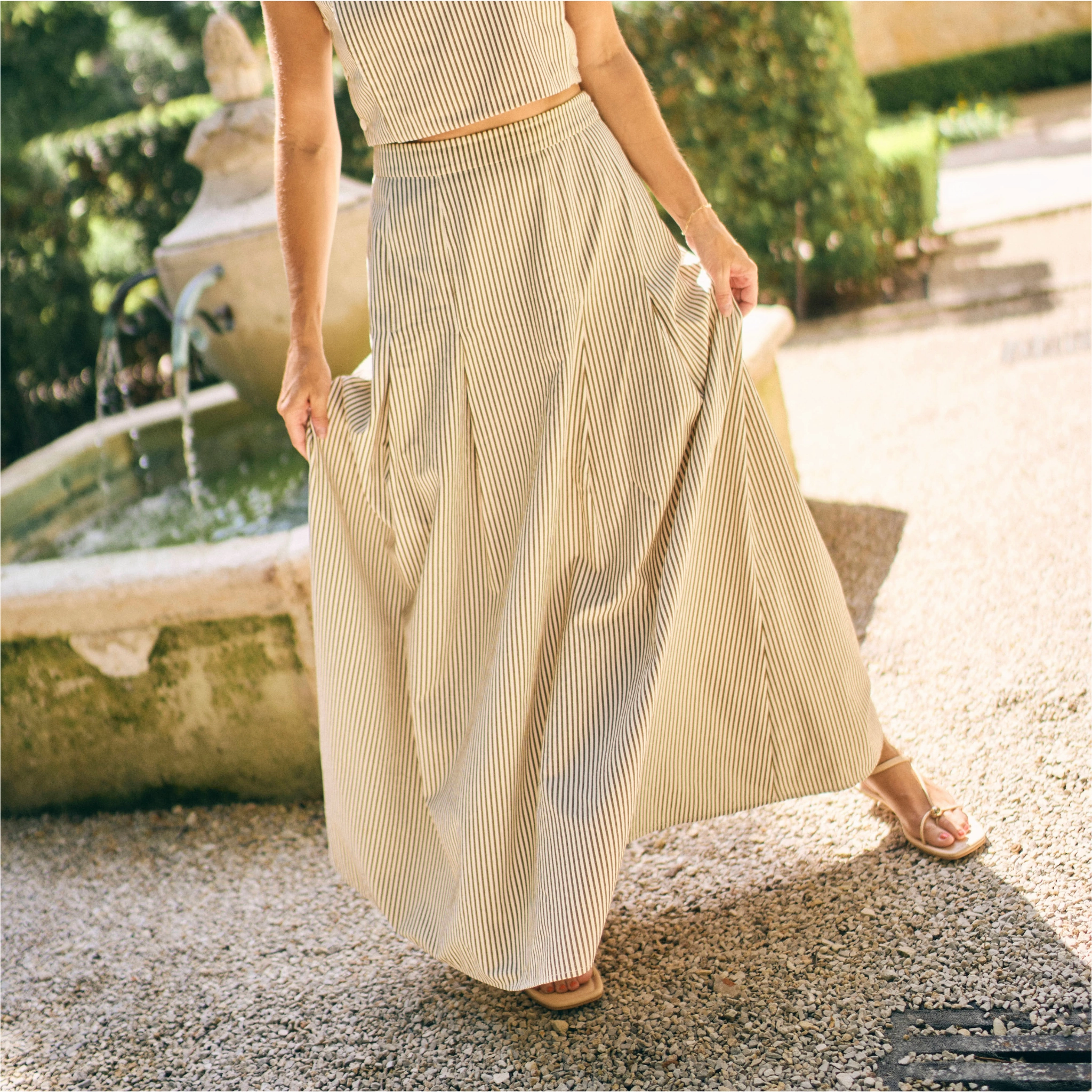 MASON'S DAUGHTER | Sophia Maxi Skirt, Brown & Ivory Dobby Striped Smooth Finish Stretch Waist
