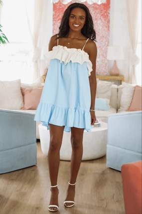 Were Going Places Mini Dress - Light Blue and Cream Timeless Vibe