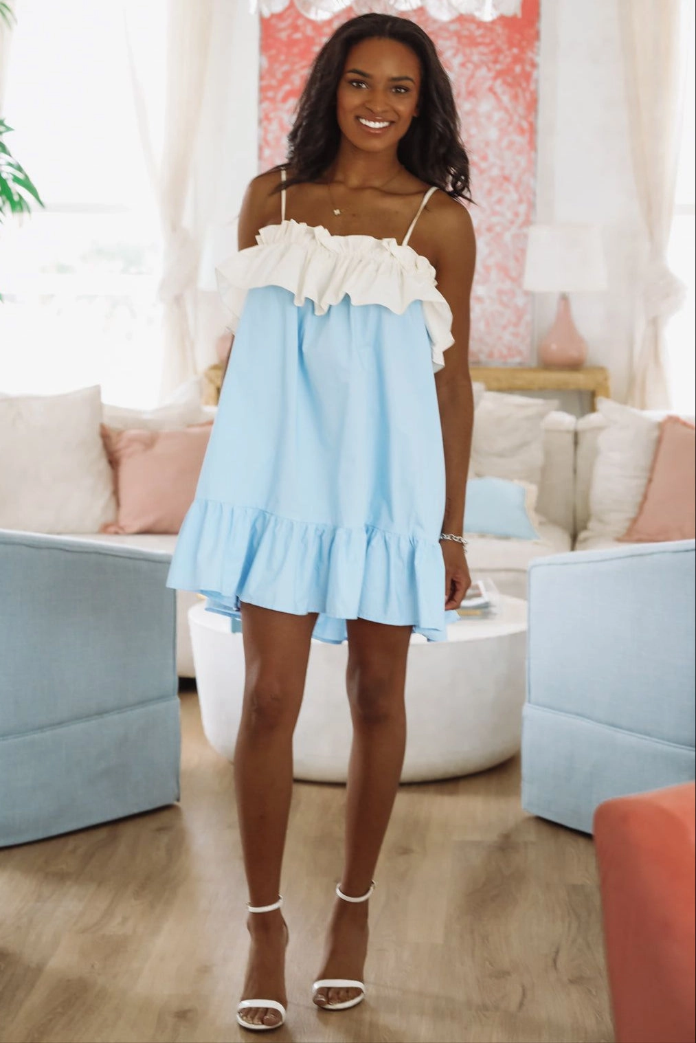 Were Going Places Mini Dress - Light Blue and Cream Timeless Vibe