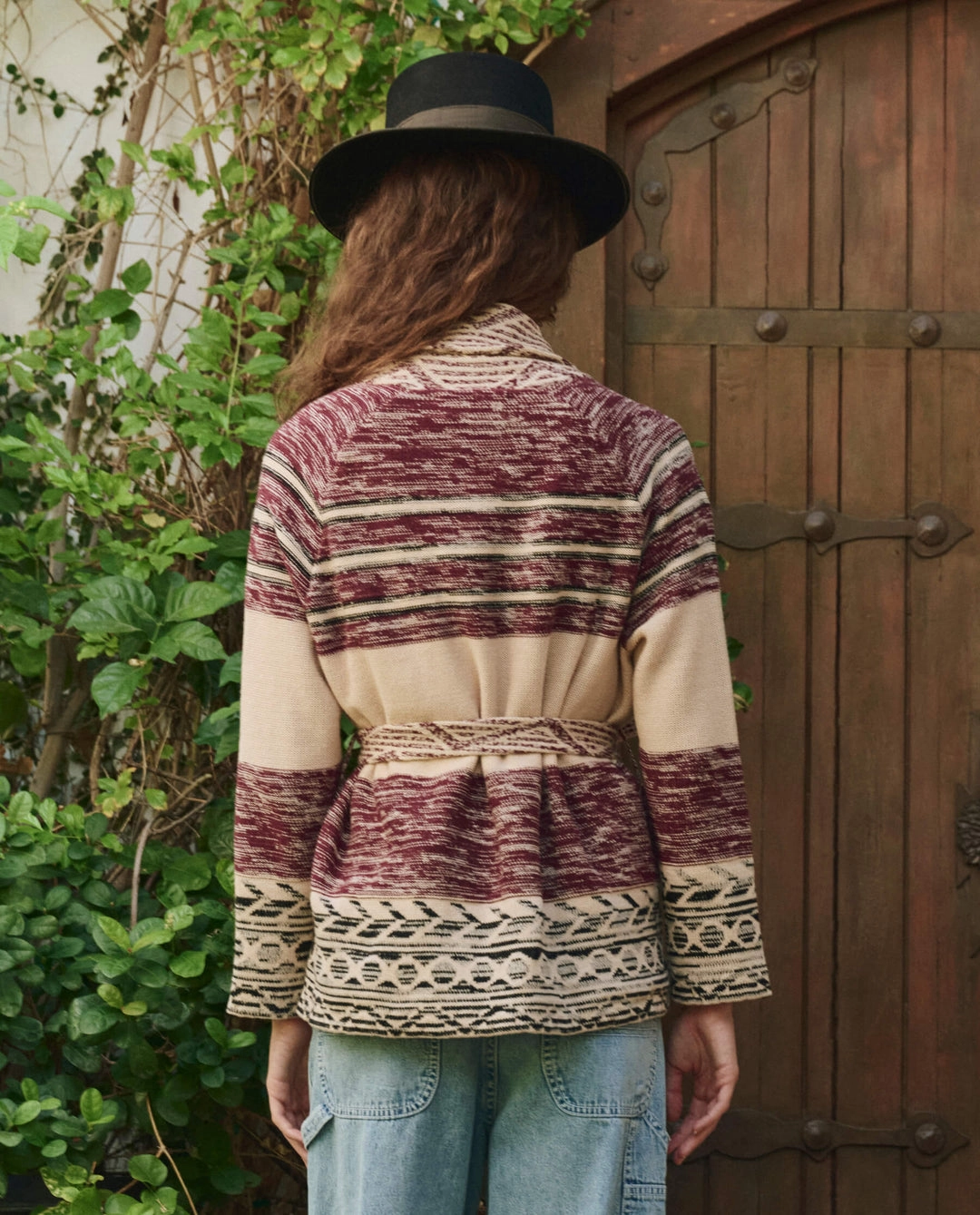 The Great Riding Cardigan in Rusted Red Multi All Season Knit Stretchy Waist