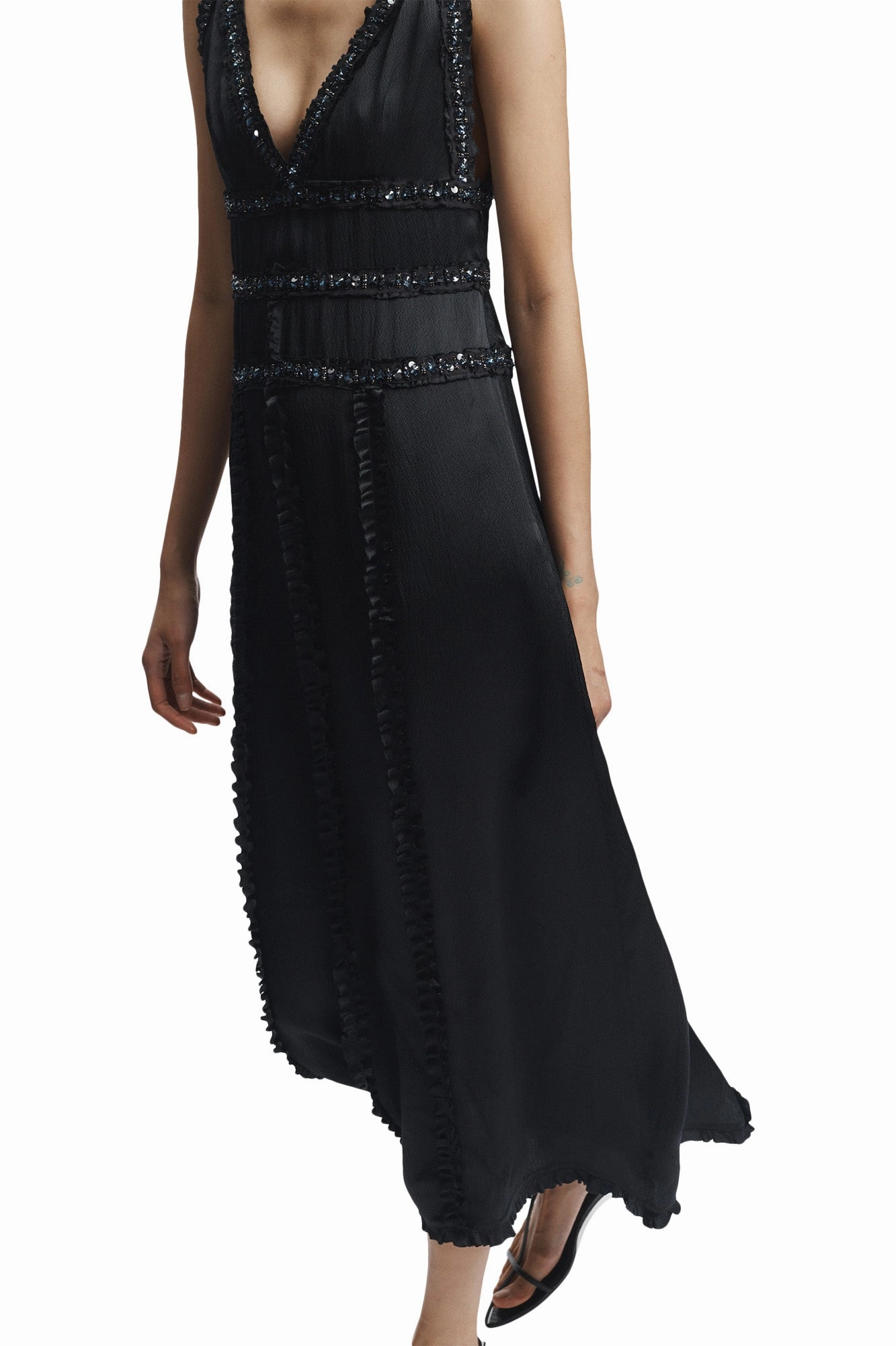 Cap-Sleeve Saint Art Nola Embellished Silk Dress in Black