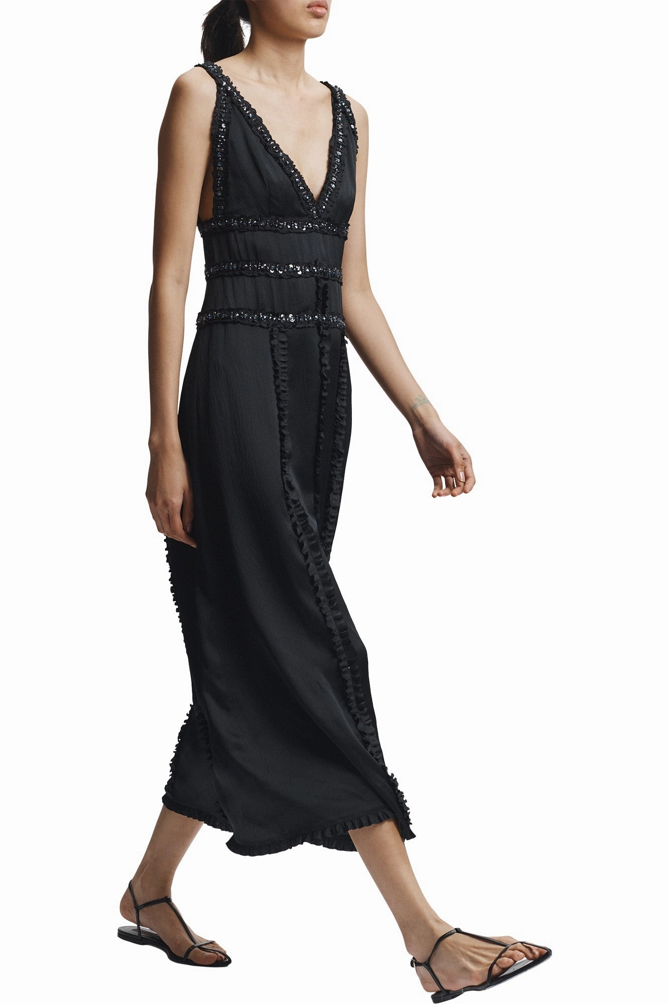 Sheer Light Soft Weave Saint Art Nola Embellished Silk Dress in Black