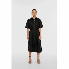 DAL THE LABEL Linen Midi Shirtdress, Black Texture Soft
