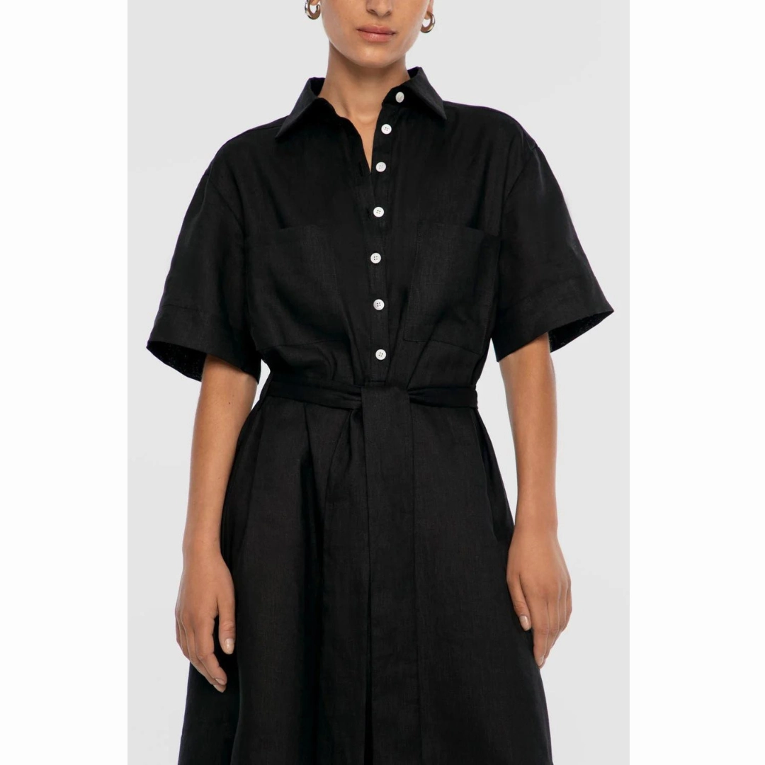 DAL THE LABEL Linen Midi Shirtdress, Black Day-To-Night Wear