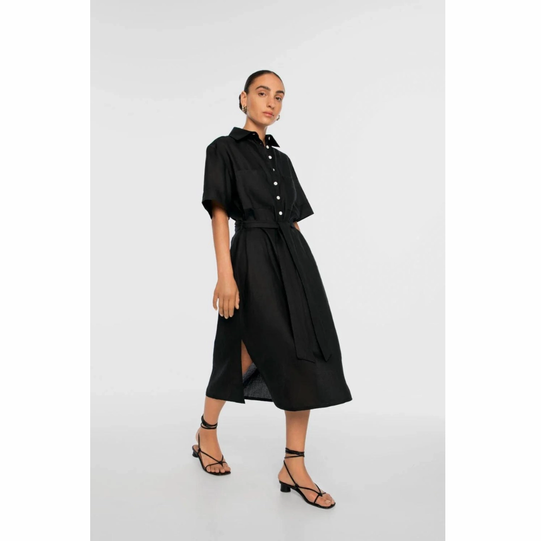 light layering DAL THE LABEL Linen Midi Shirtdress, Black