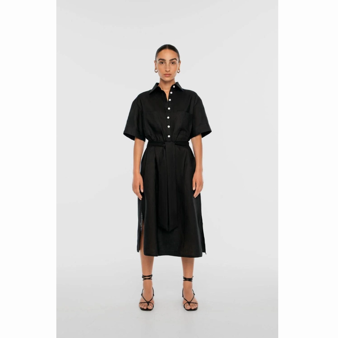 DAL THE LABEL Linen Midi Shirtdress, Black Texture Soft