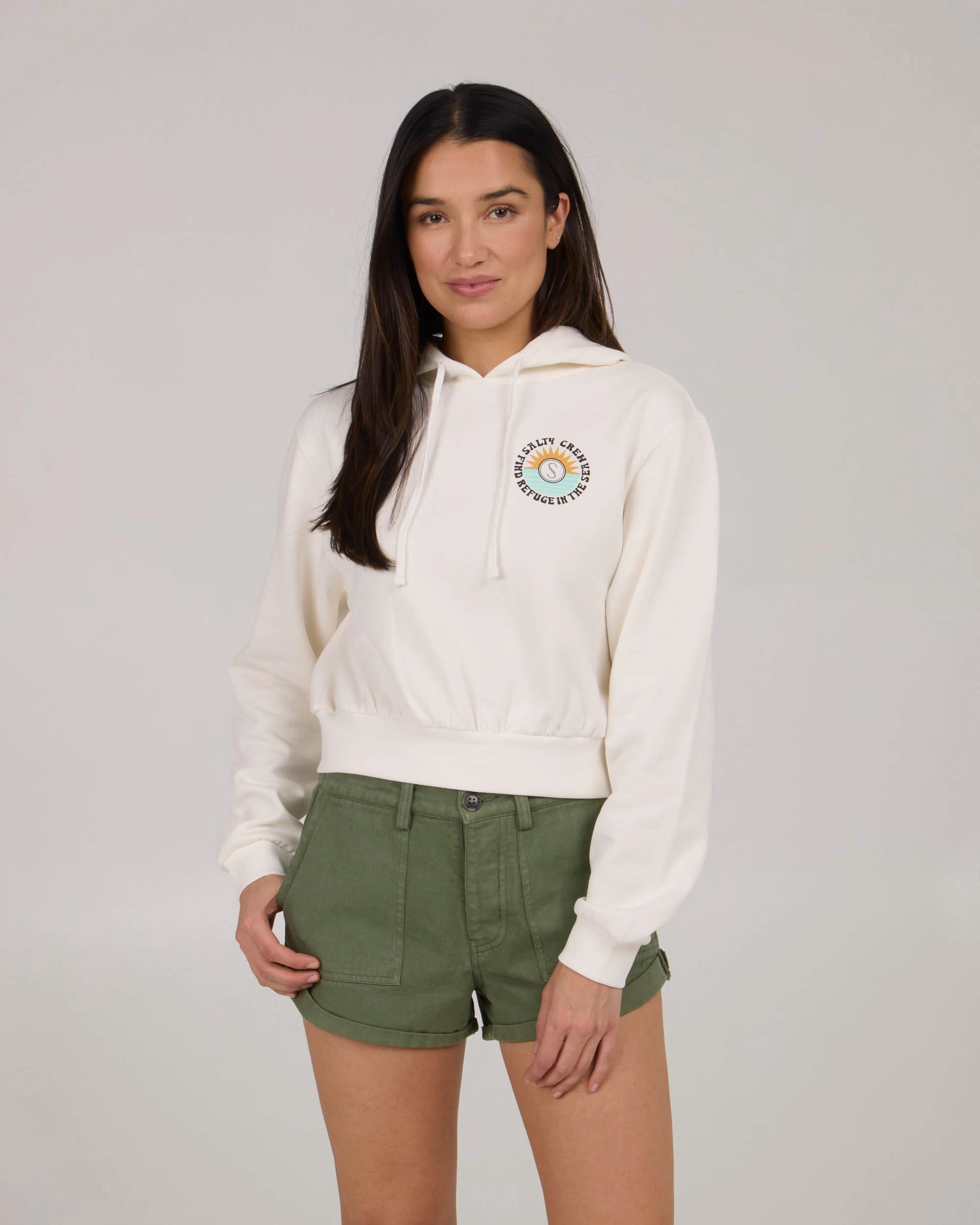 Daybreak Crop Hoody - Off White Faded Wash Effect