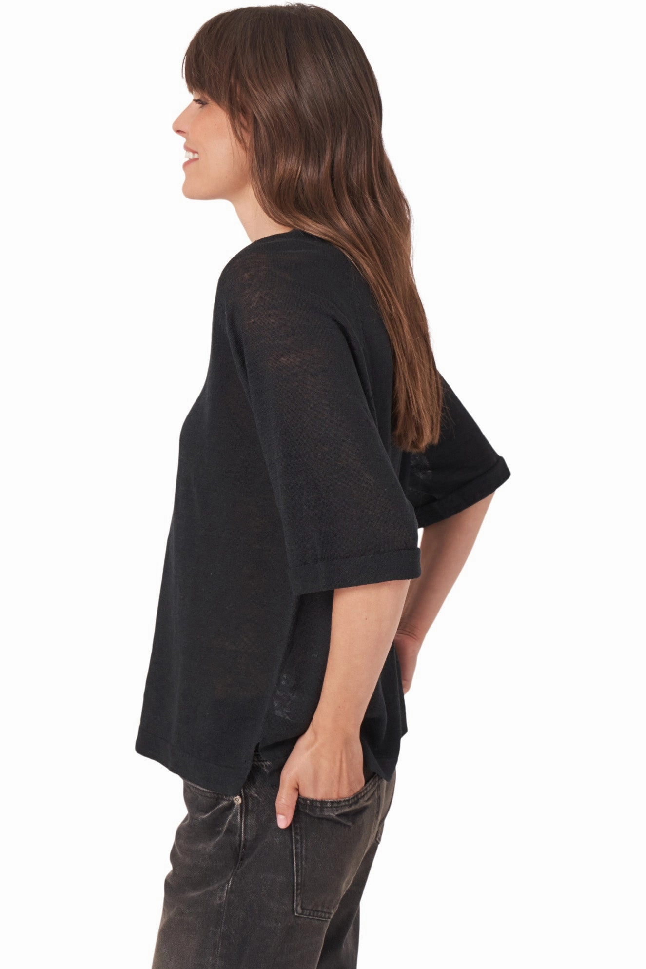 Fray Resistant Edges Timeless Style Repeat Cashmere Linen V-neck Sweater in Black