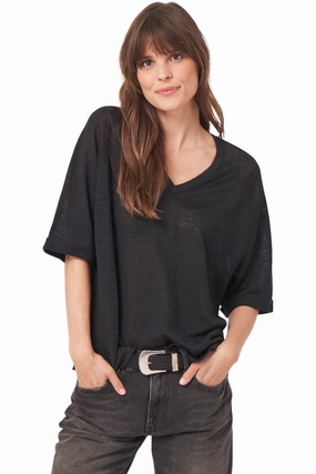 Cozy Touch Repeat Cashmere Linen V-neck Sweater in Black