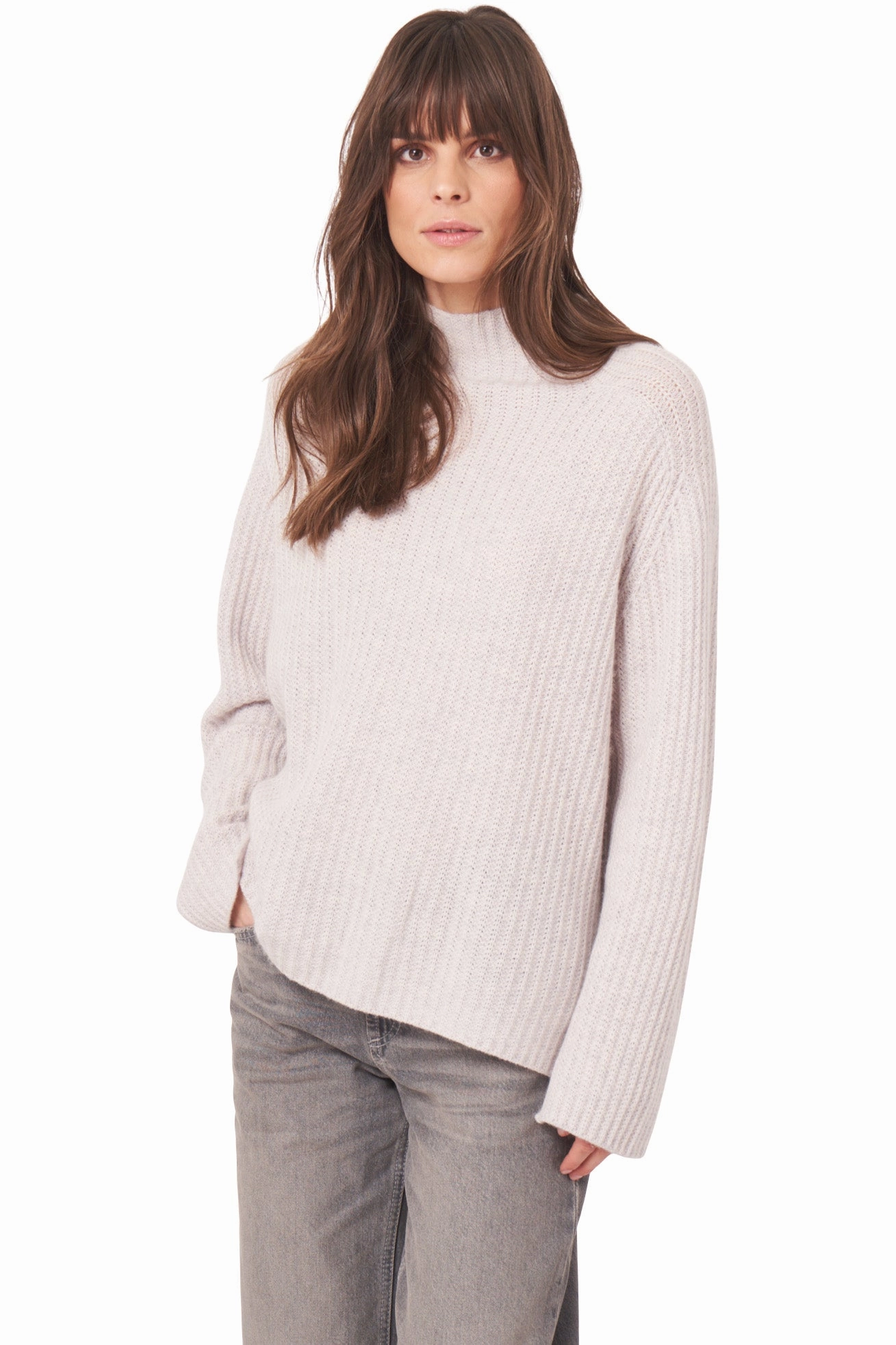 Trendy Outfit Soft and Cozy Knit Repeat Cashmere Ribbed Mockneck Turtleneck Sweater in Snow