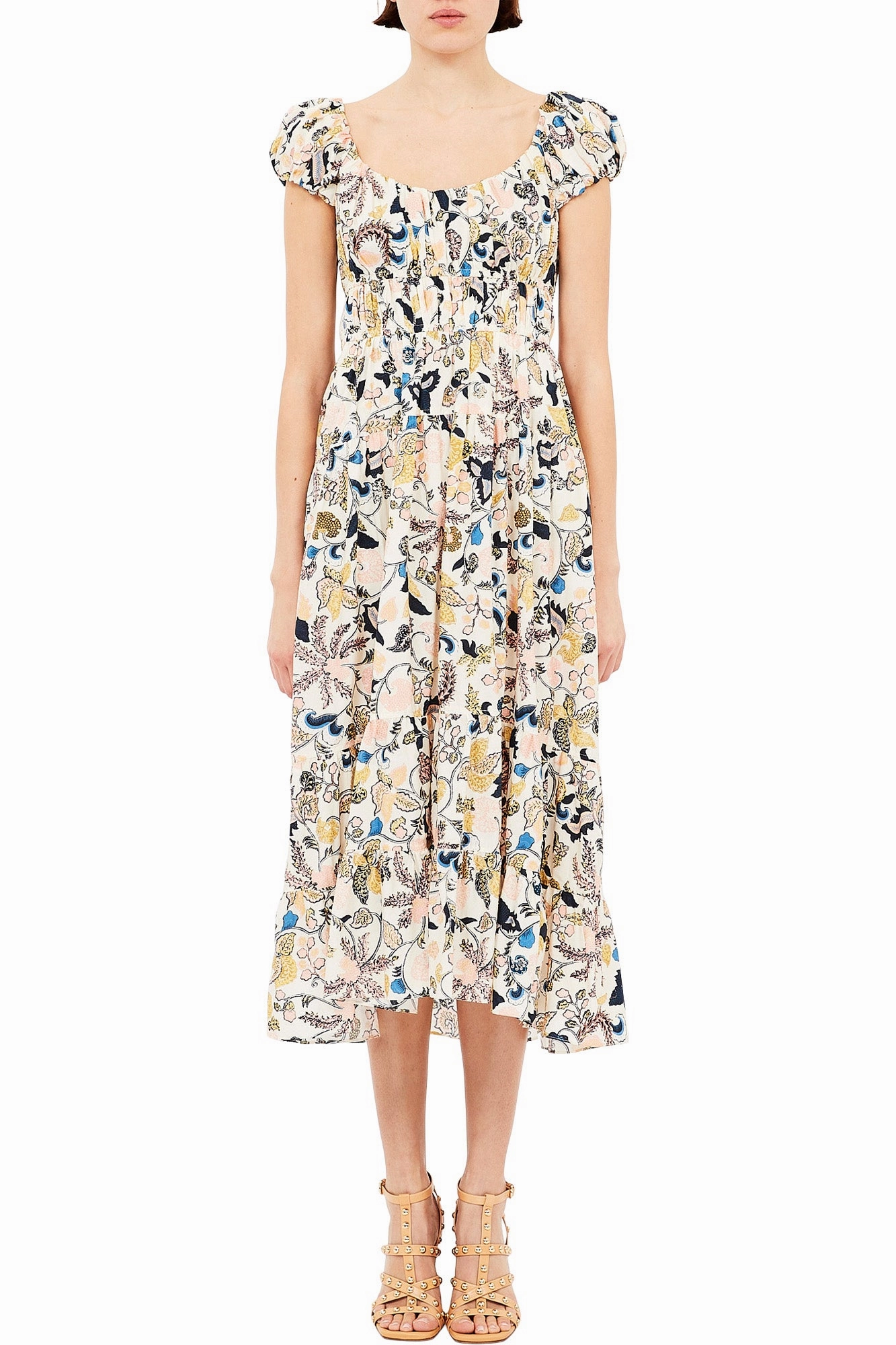 Ulla Johnson Paloma Cap Sleeve Midi Dress in Magnolia Heart Tone Timeless Waistband Fit