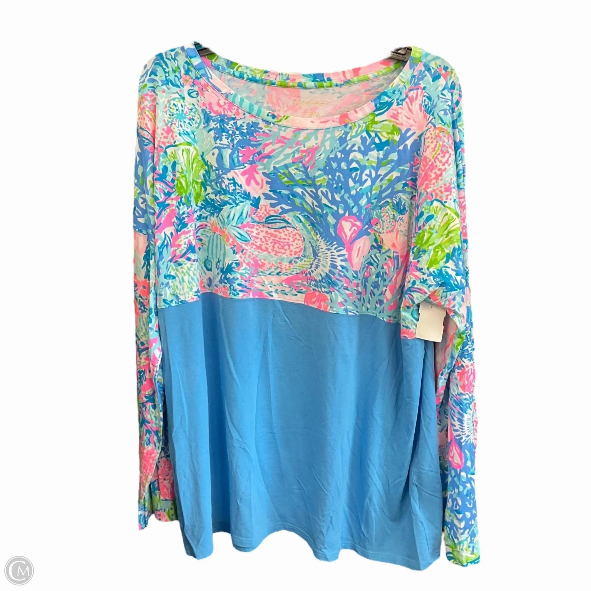 WrinkleFreeFabric Top Long Sleeve Designer By Lilly Pulitzer In Blue & Pink, Size: Xl