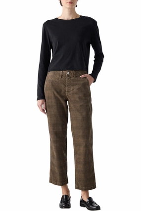 Functional Waist Comfort Fit AMO Denim Lillian Printed Plaid Corduroy Pant in Dark Sand