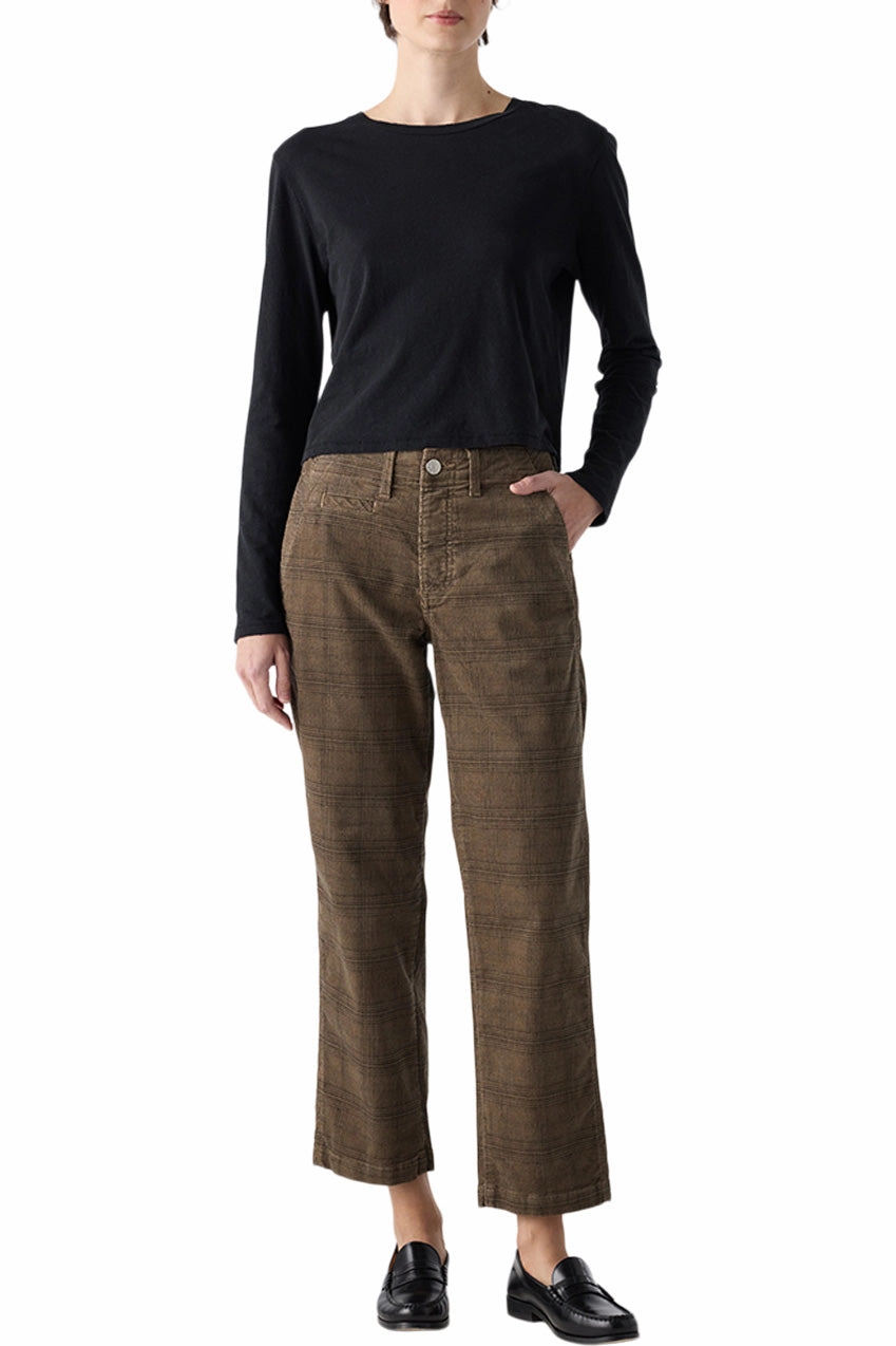 Functional Waist Comfort Fit AMO Denim Lillian Printed Plaid Corduroy Pant in Dark Sand