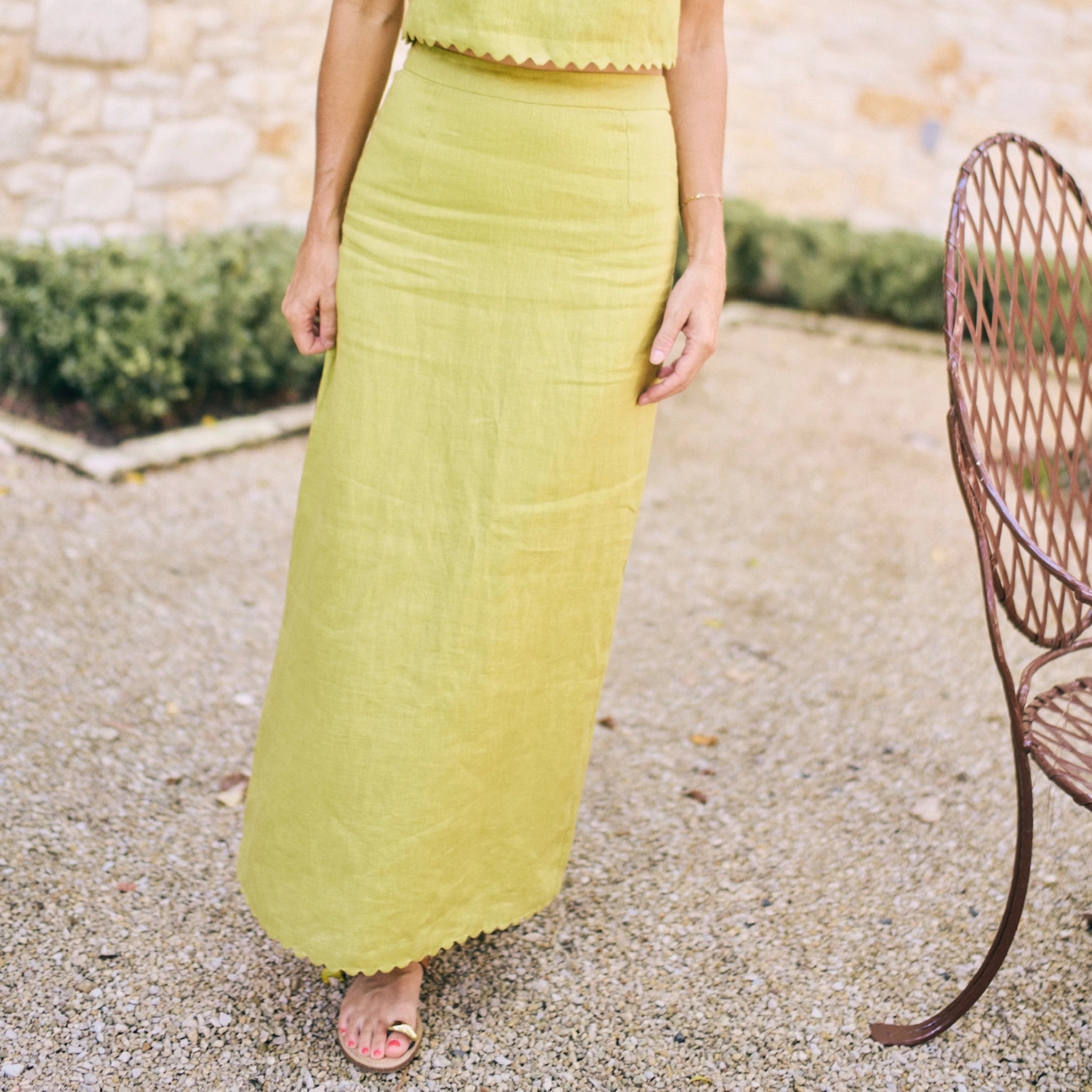 lace accents MASON'S DAUGHTER | Ella Scallop Maxi Skirt, Chartreuse Linen