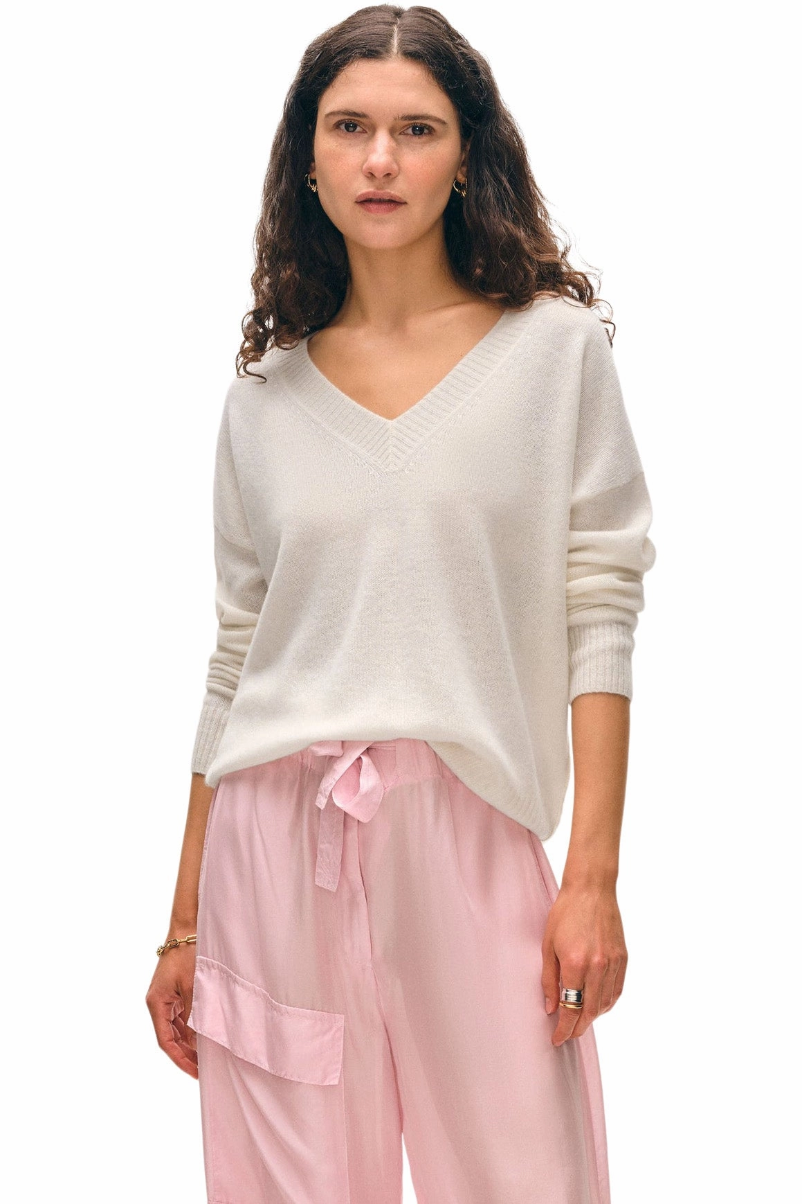 White & Warren Cashmere Featherweight V-neck in Soft White Brushed Interior Smart Wear