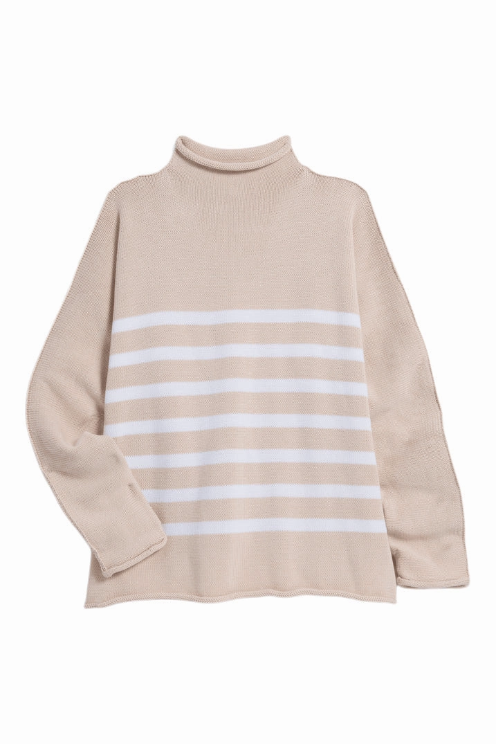 Frank & Eileen Monterey Rolled Funnel Neck Sweater in Vintage Rose with White Stripe Cold Weather Outfit Ultimate Warmth