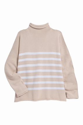 Frank & Eileen Monterey Rolled Funnel Neck Sweater in Vintage Rose with White Stripe Cold Weather Outfit Ultimate Warmth