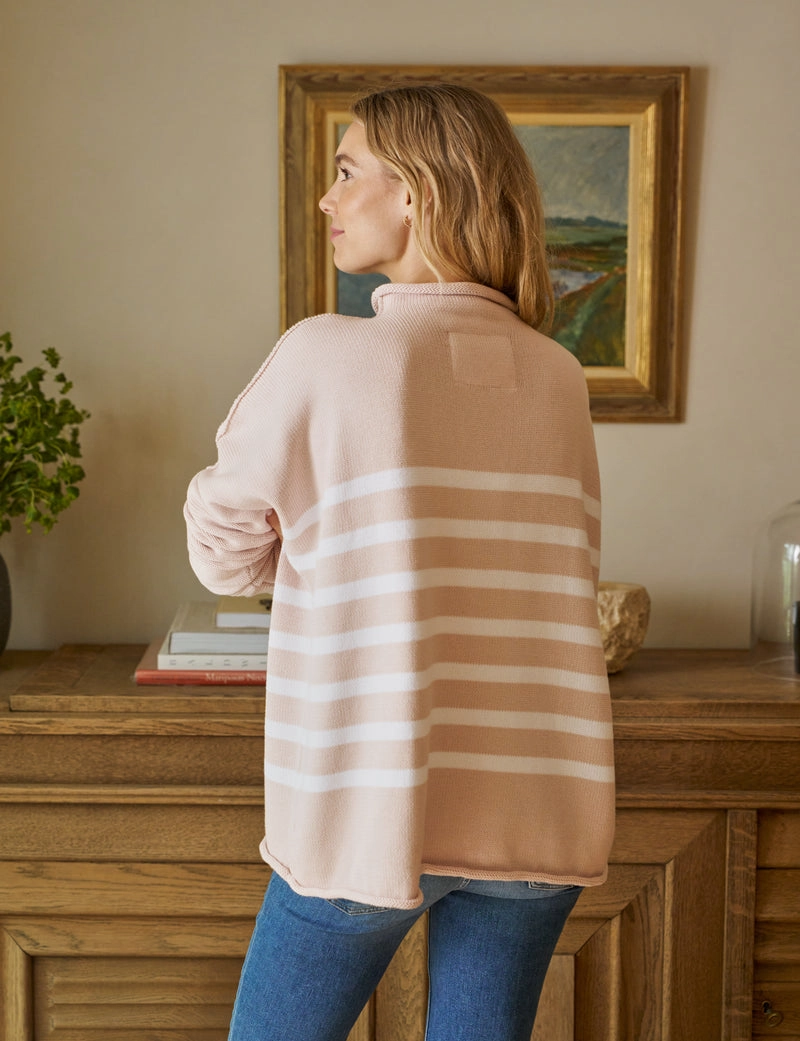 Frank & Eileen Monterey Rolled Funnel Neck Sweater in Vintage Rose with White Stripe Classic Fit Breathable Comfort