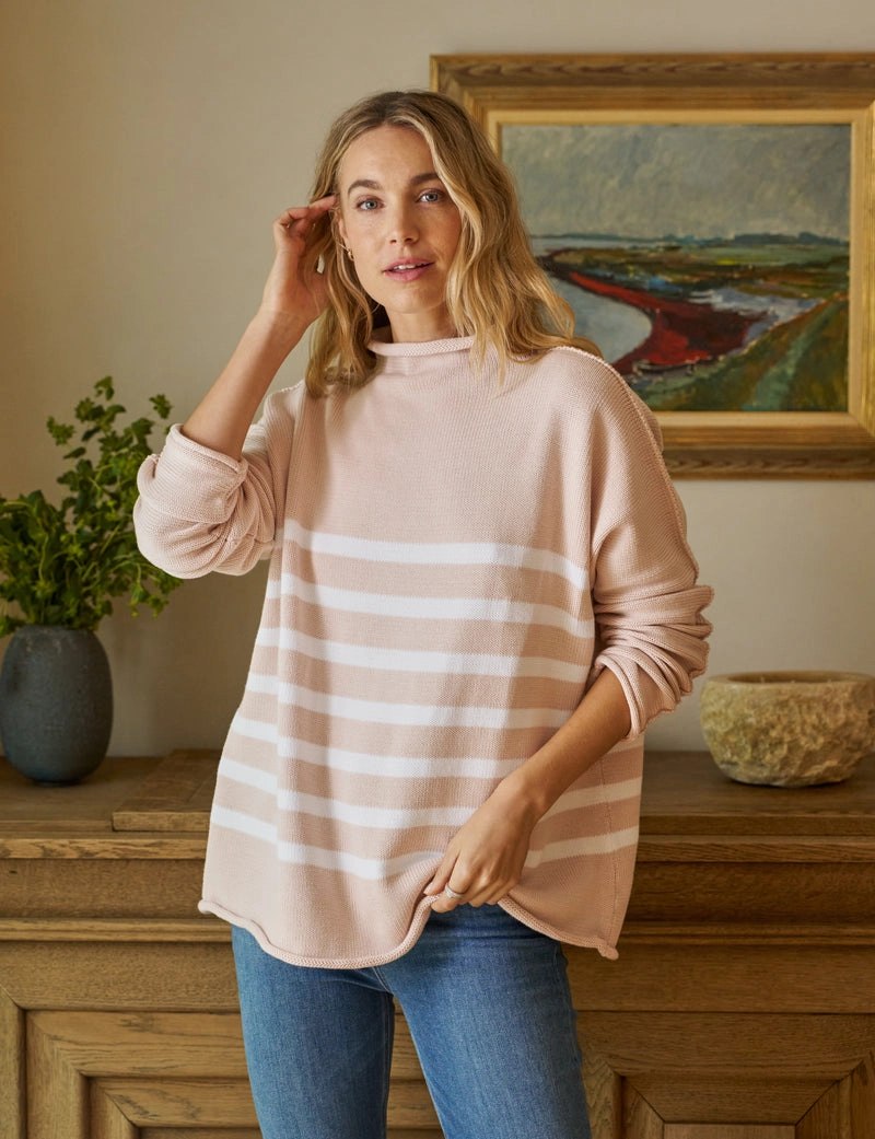 Frank & Eileen Monterey Rolled Funnel Neck Sweater in Vintage Rose with White Stripe Moisture Wicking Fibers