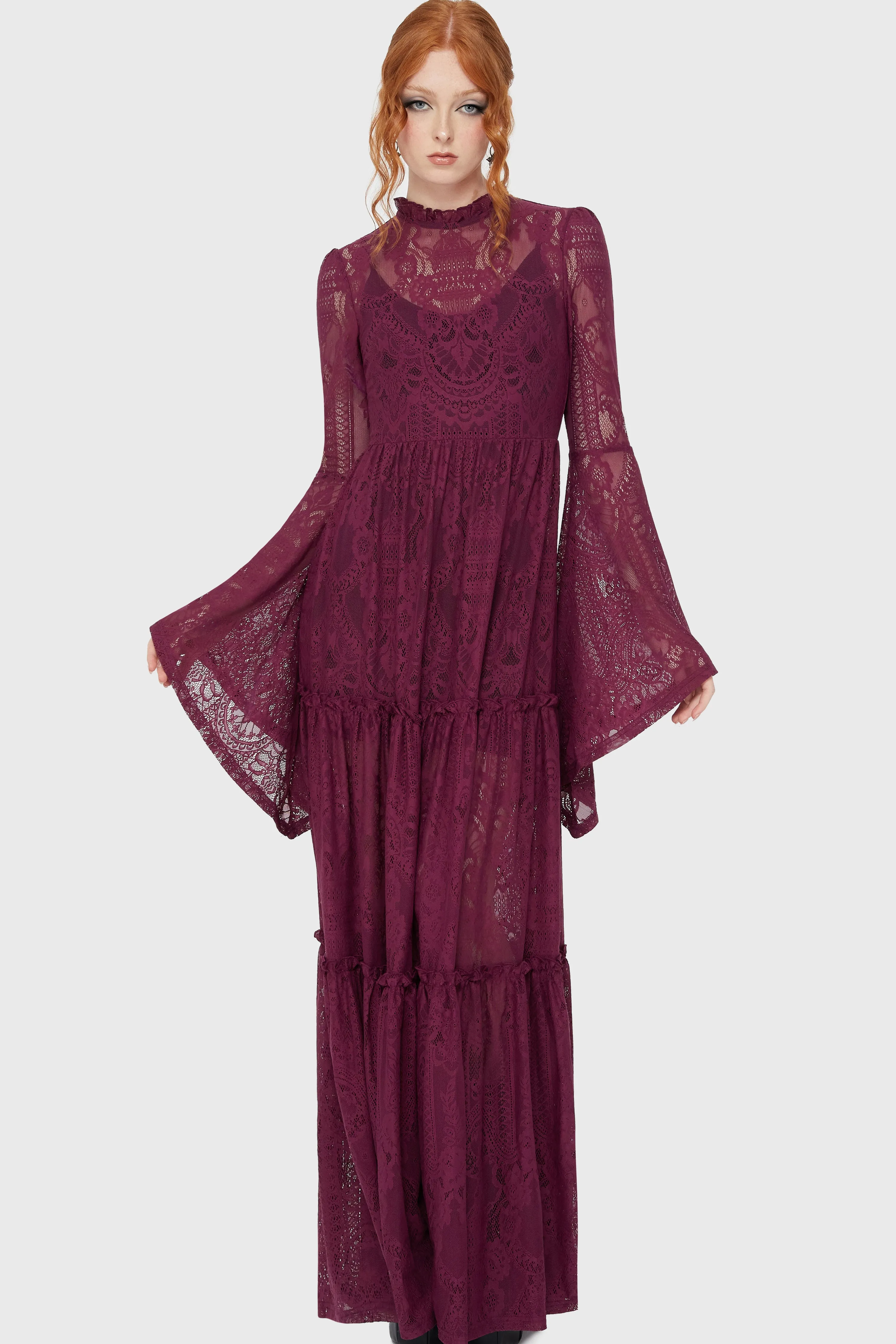 Airflow Mesh Panel FlexibleRibbedTrims Hecate Lace Maxi Dress [Plum]