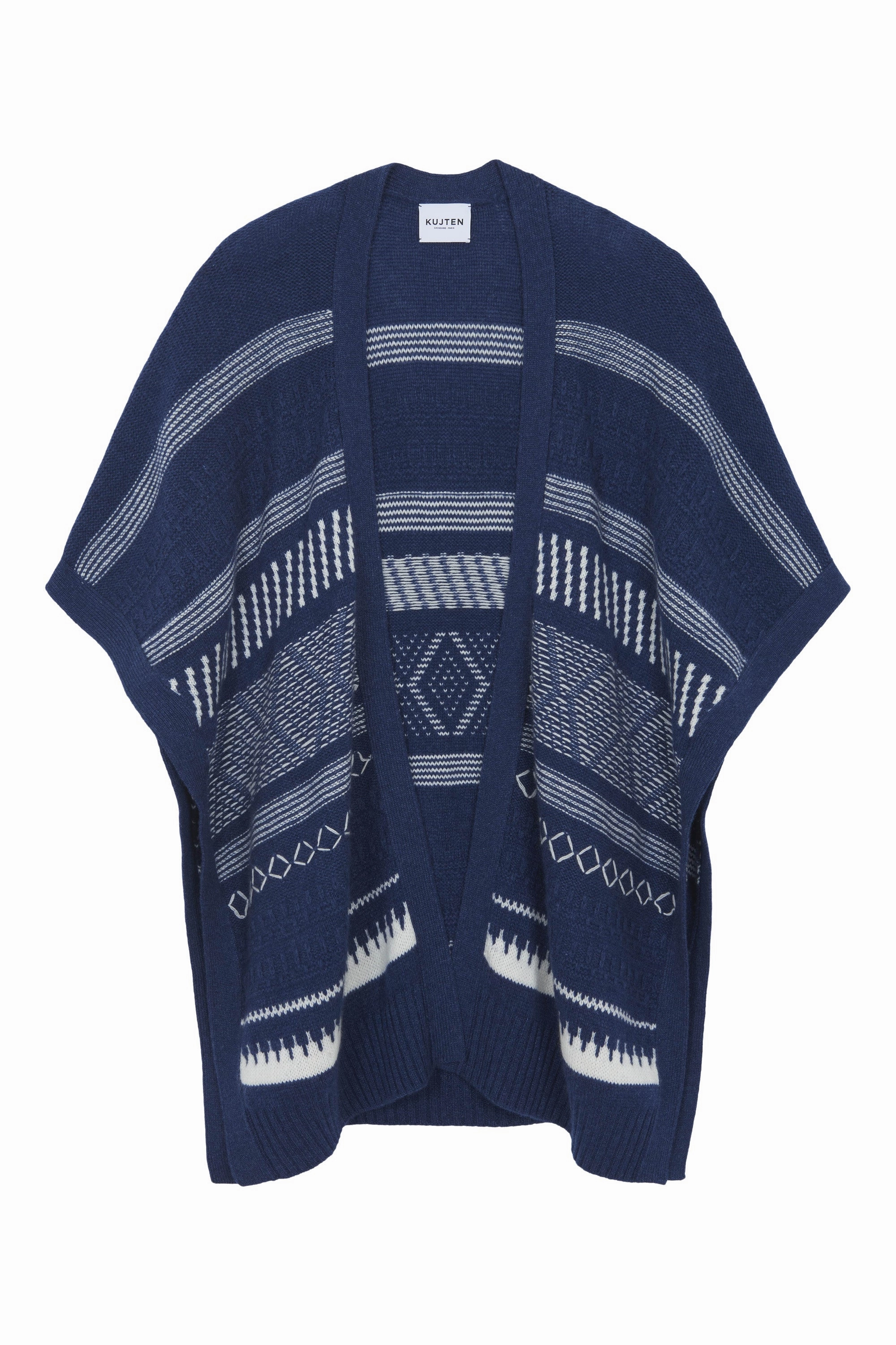 Kujten Imane Fair Isle Striped Open Cardigan in Jeans Fonce Lightweight Wear Perfect for Layering