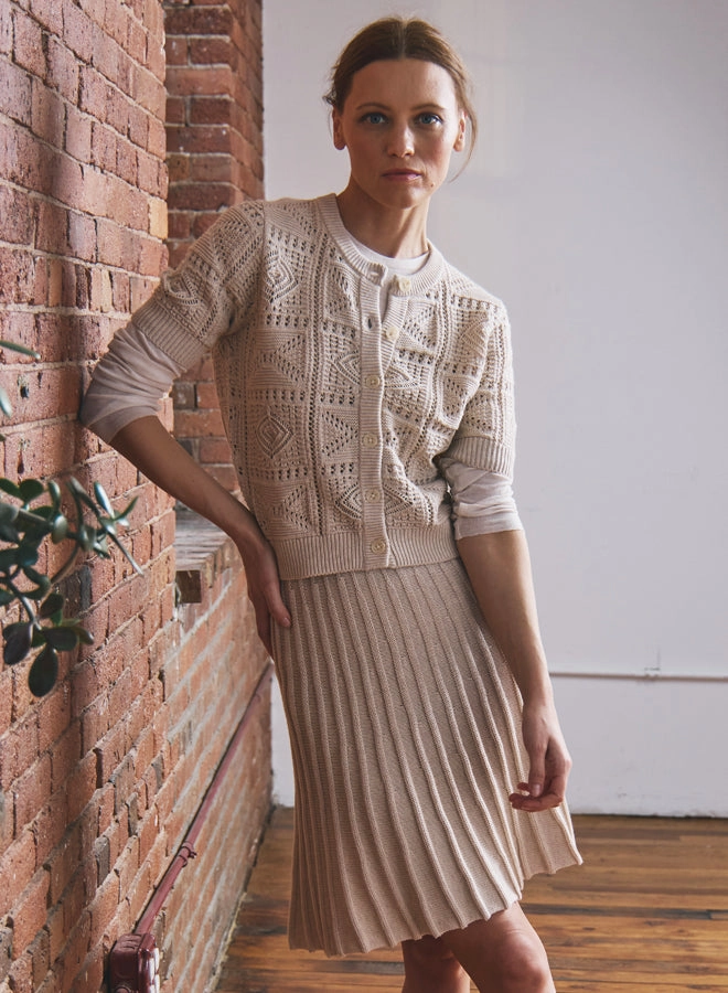 Autumn Cashmere Short Sleeve Tile Stitch Cardigan in Natural Casual Layers