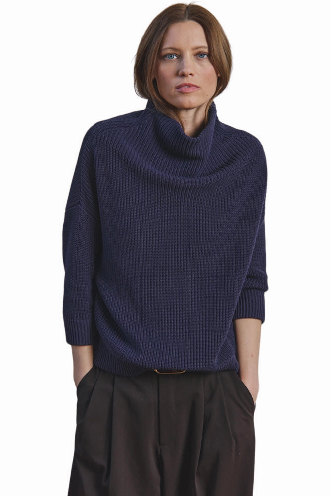 Relaxed Look Autumn Cashmere Half Cardigan Stitch Funnel Neck Sweater in Navy Blue